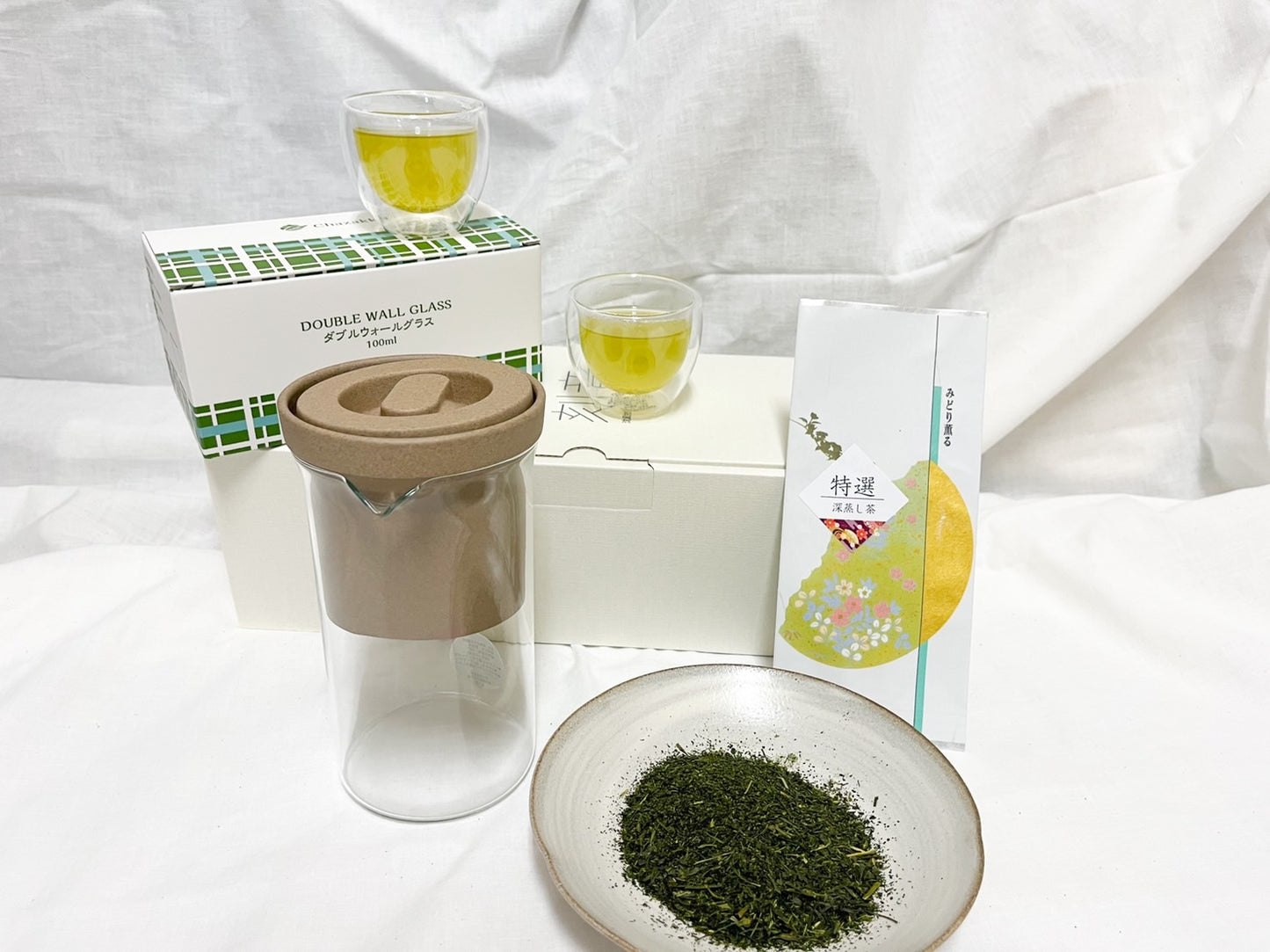 刻音、特選深蒸し茶(50g)、 ダブルウォールグラス セット