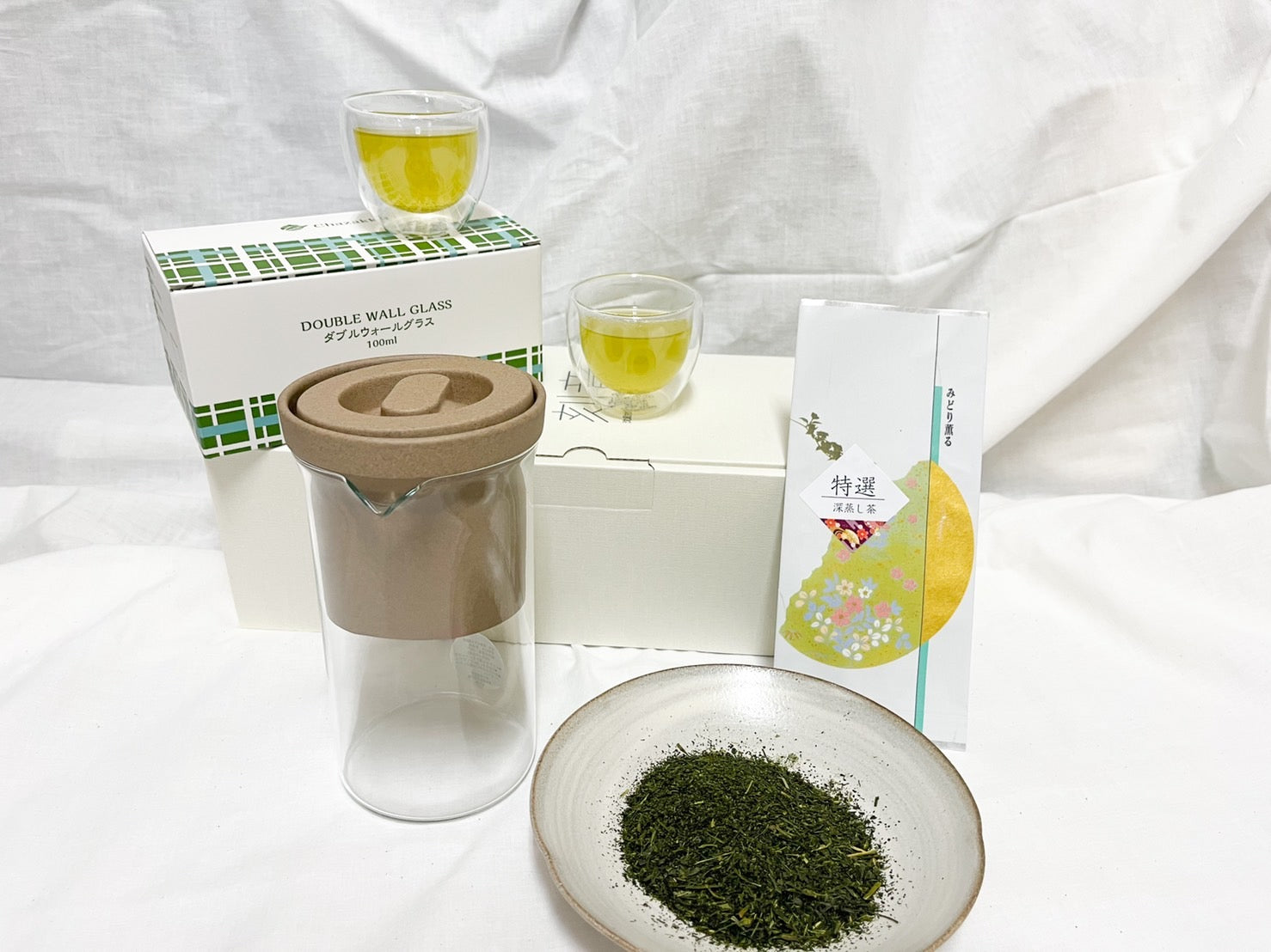 刻音、特選深蒸し茶(50g)、 ダブルウォールグラス セット