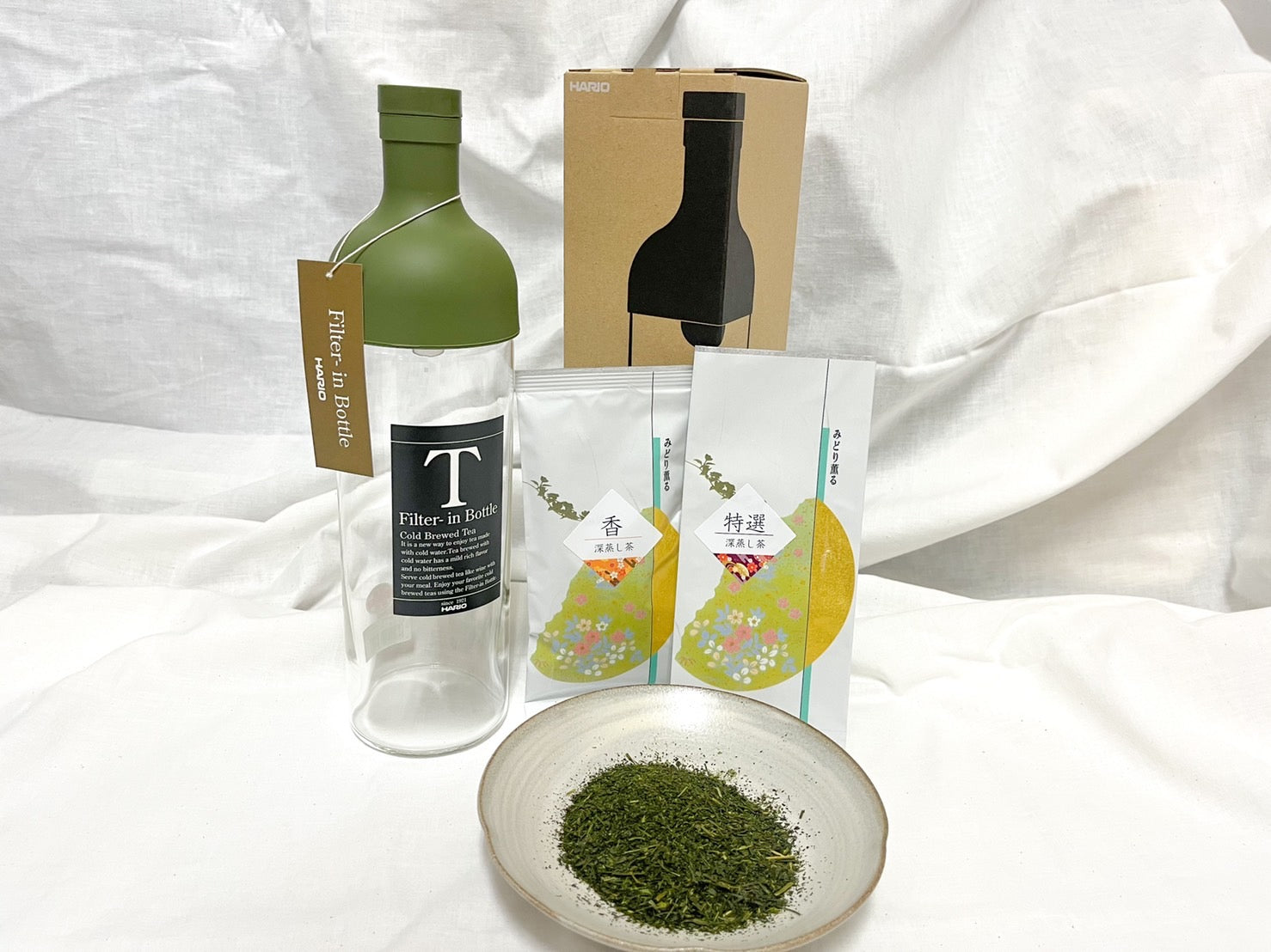 フィルターインボトル(750ml)、特選深蒸し茶(50g)、深蒸し茶 香(50g)セット